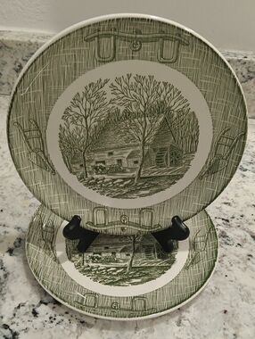 2 Vintage CURRIER & IVES Green Scenic Farmhouse Dinner Plates - Set of 2